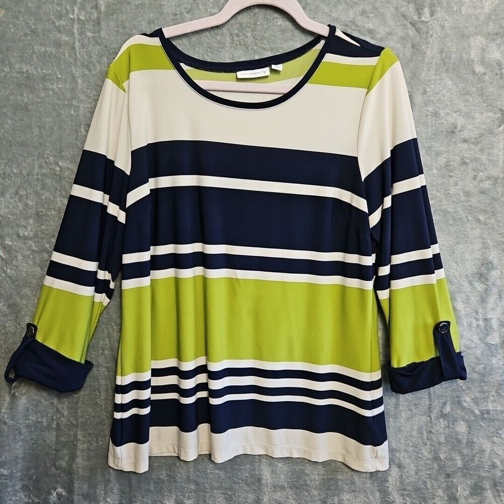 Susan Graver Women's Lg Top Navy green white 3/4 sleeve